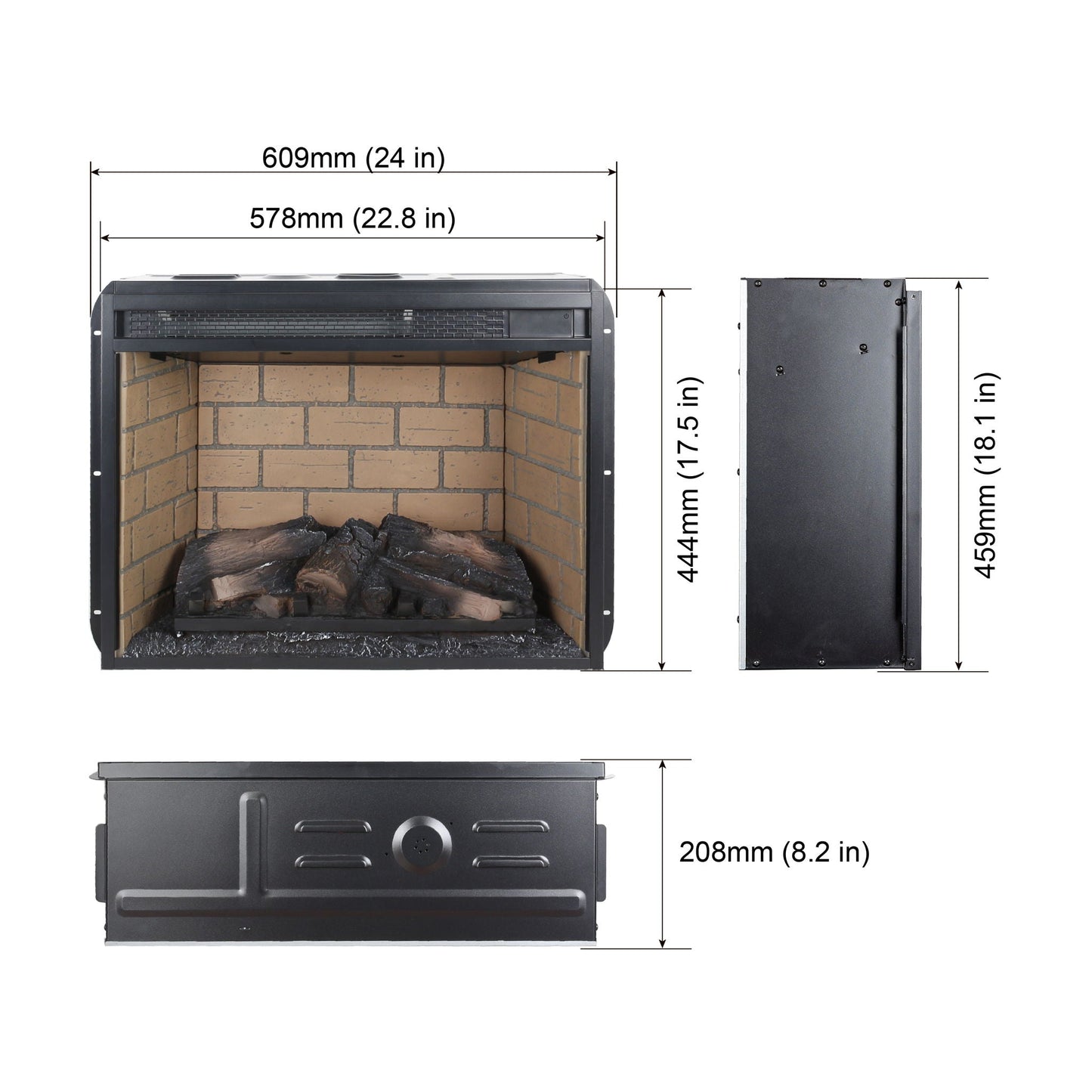 Infrared quartz heater fireplace insert by HouseOfZazla woodlog with brick black metal frame on Tampa Home & Garden Store