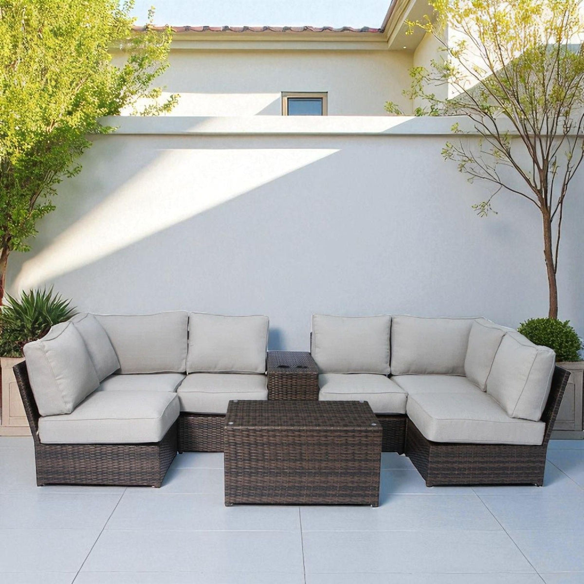 Modular wicker patio seating group with cushions, 4-piece outdoor set in gray and brown wicker on Tampa Home & Garden Store