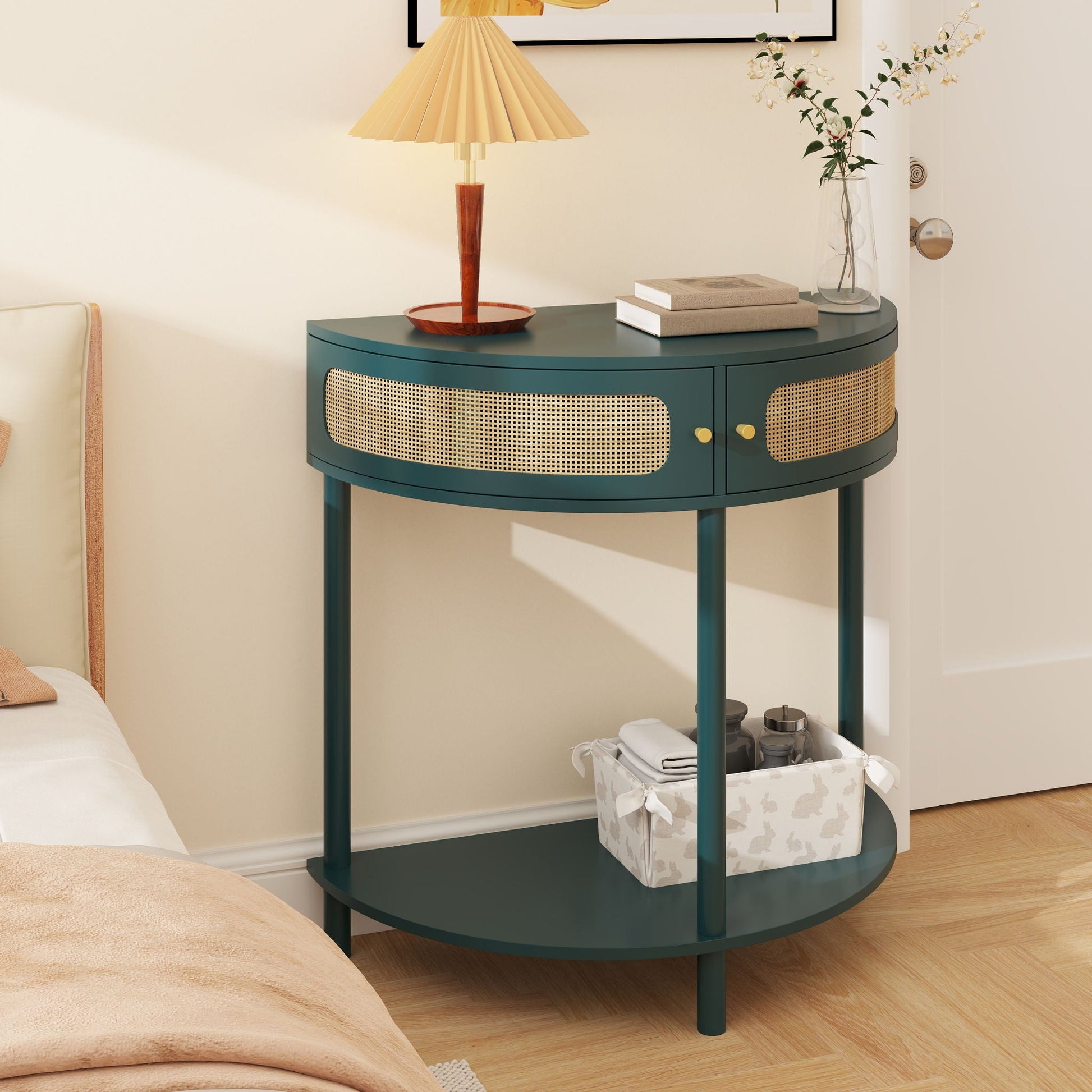 Boho rattan semi-circle end table with sliding door, storage and bottom shelf teal finish on Tampa Home & Garden Store