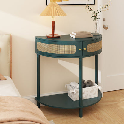 Boho rattan semi-circle end table with sliding door, storage and bottom shelf teal finish on Tampa Home & Garden Store