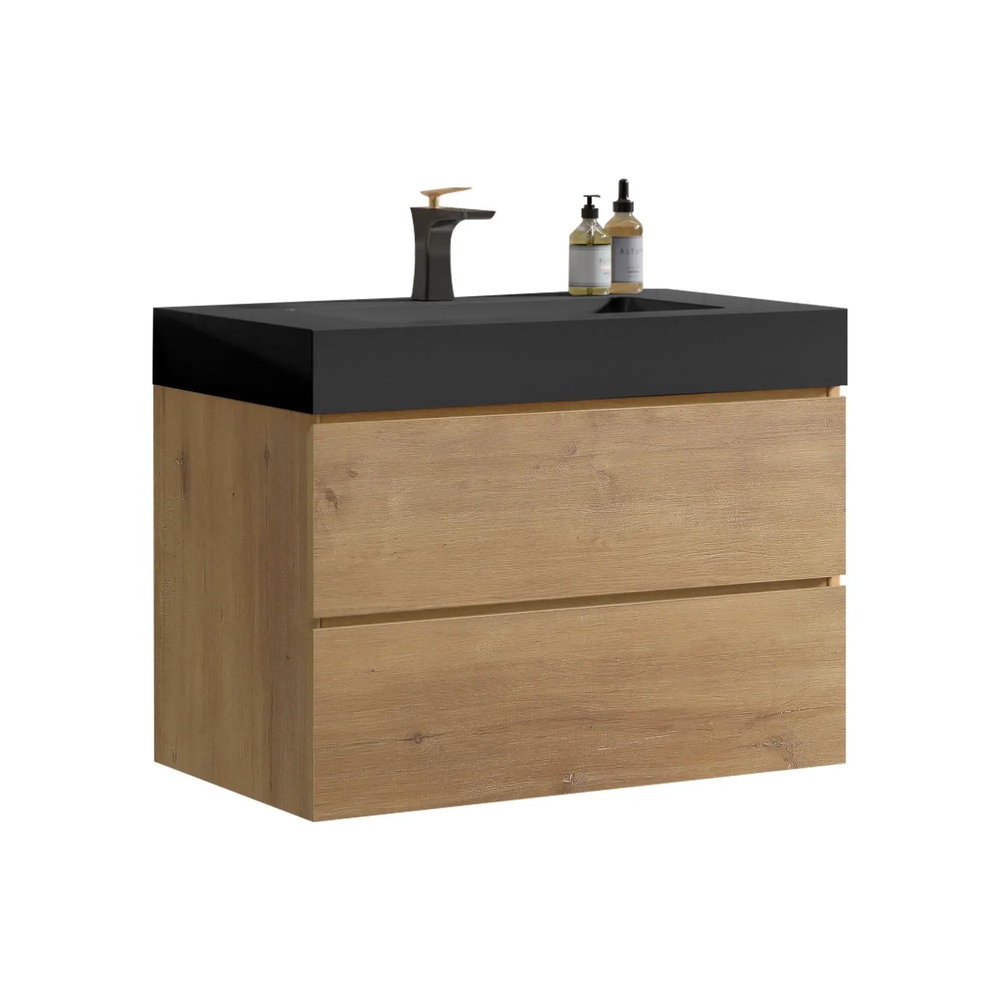 Alice natural oak bathroom vanity with black top and sink, gold faucet, soap bottles on Tampa Home & Garden Store