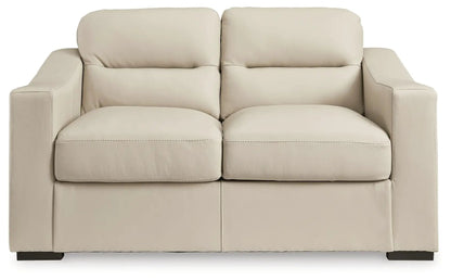 Treasure Trove 2-Pc Sofa Loveseat almond leather with square arms and plush cushions on Tampa Home & Garden Store