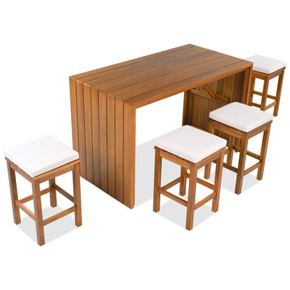 5 Piece Outdoor Bar Set by HouseOfZazla, wooden slat-top table with white cushioned stools on Tampa Home & Garden Store