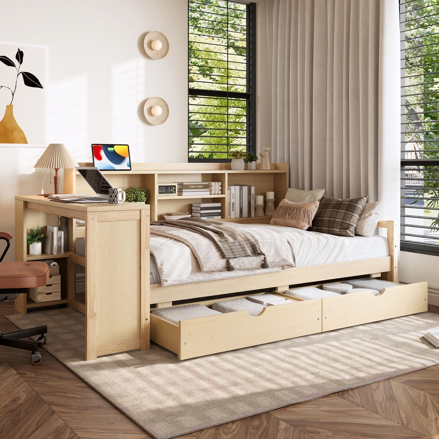 Corner daybed with storage drawers, desk and bookcase in natural wood by HouseOfZazla on Tampa Home & Garden Store