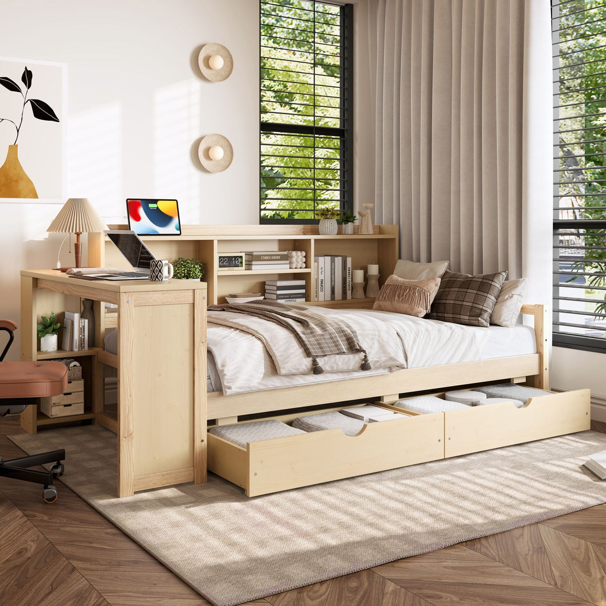 Corner daybed with storage drawers, desk and bookcase in natural wood by HouseOfZazla on Tampa Home & Garden Store