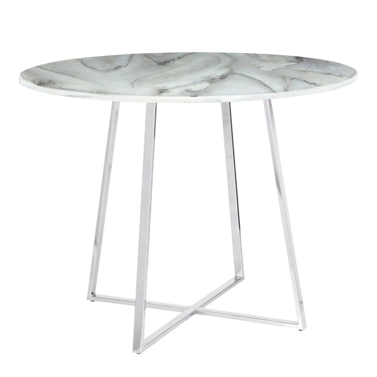 Contemporary glam round marble dining table with pearl white veined top and silver metal legs HouseOfZazla on Tampa Home & Garden Store
