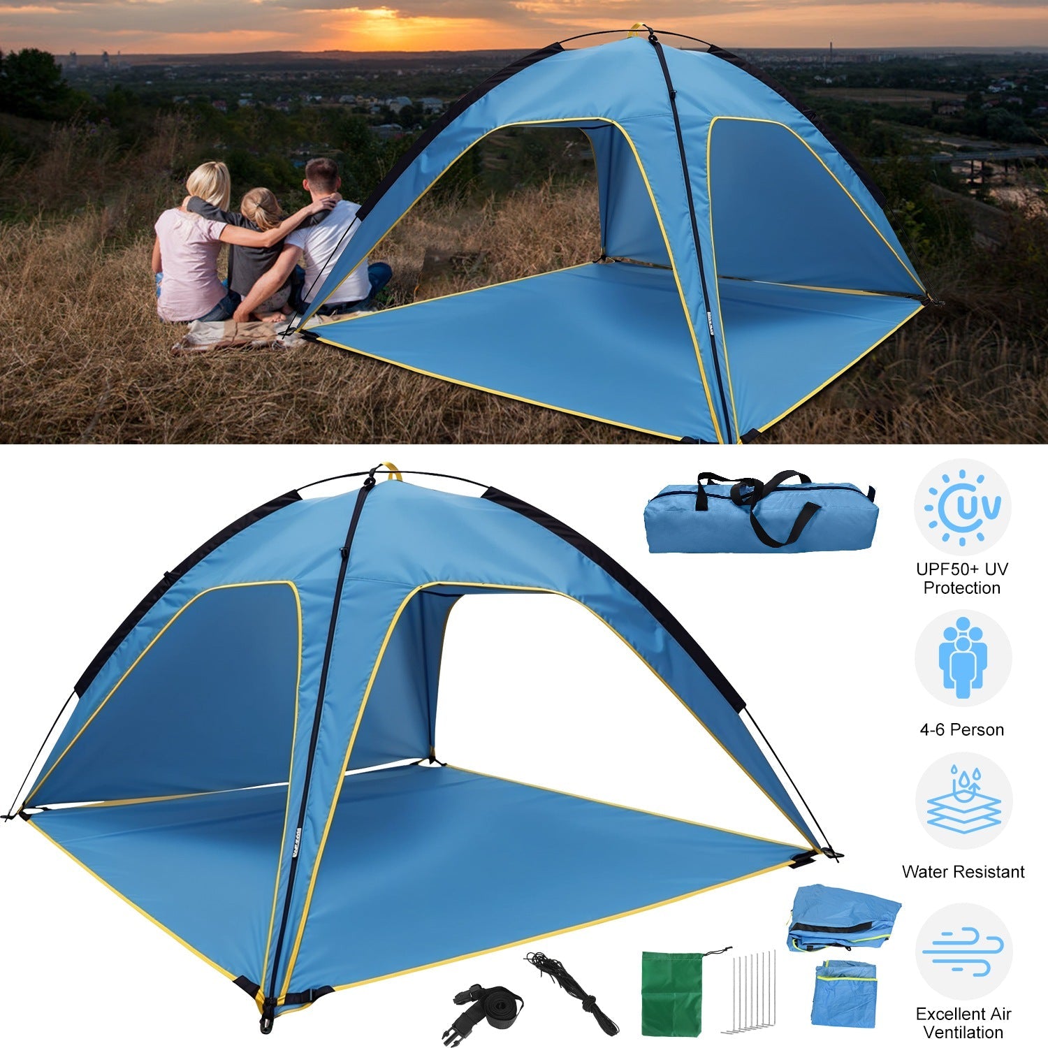 GemGear Beach Tent 4-6 person, blue with yellow trim, UPF50+ UV protection, carry bag on Tampa Home & Garden Store