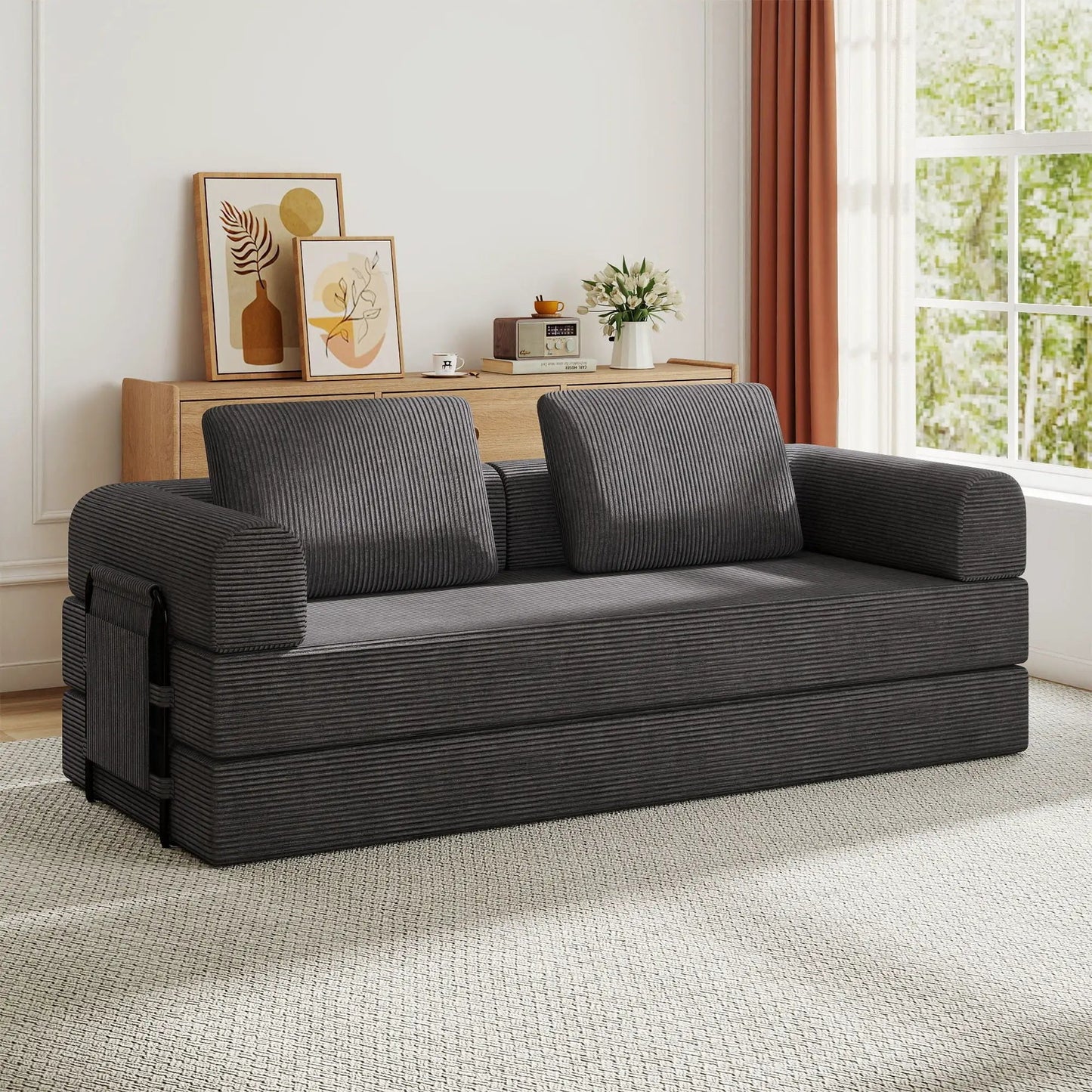 Convertible sleeper sofa bed in dark gray ribbed fabric with fixed frame on Tampa Home & Garden Store
