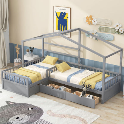 L Shape Platform Bed With 3 Storage Drawers gray metal frame with under-bed drawers on Tampa Home & Garden Store