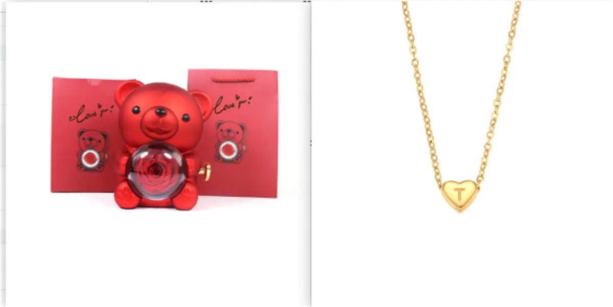 Eternal Rose Teddy Bear Gifts Box with Necklace red teddy bear and gold heart pendant necklace on Tampa Home & Garden Store
