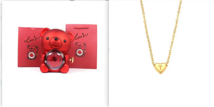 Eternal Rose Teddy Bear Gifts Box with Necklace red teddy bear and gold heart pendant necklace on Tampa Home & Garden Store