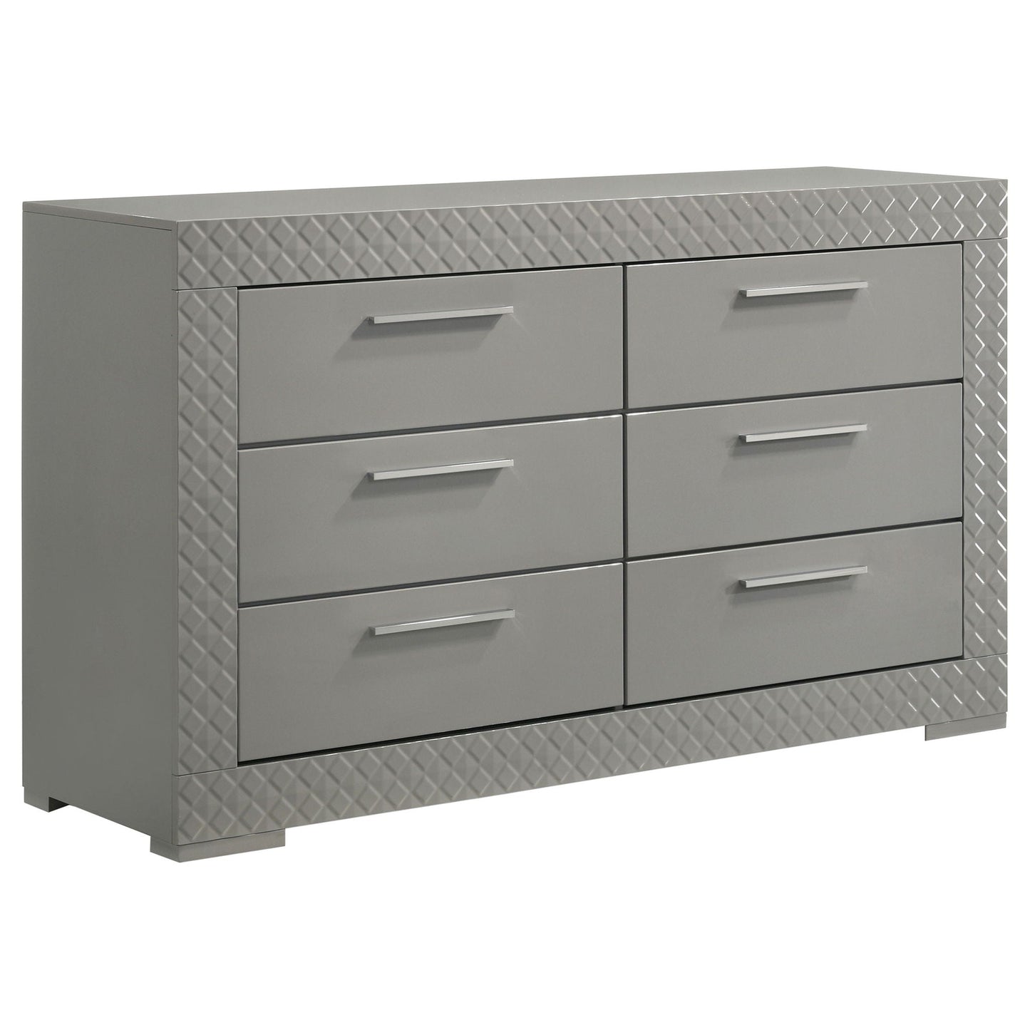 Pierce 4 Piece Bedroom Set With LED Lighting gray dresser with diamond-plate edges HouseOfZazla on Tampa Home & Garden Store