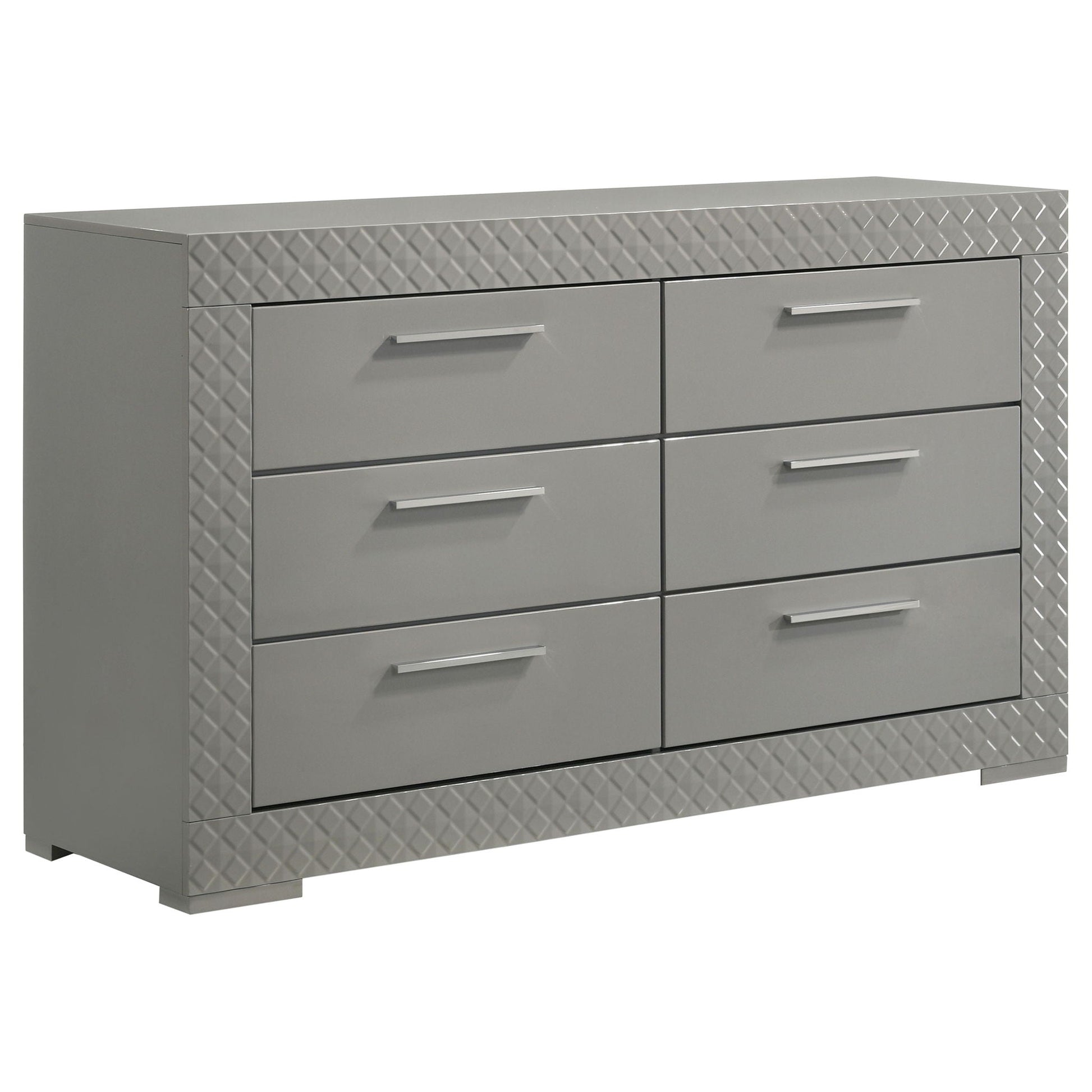 Pierce 4 Piece Bedroom Set With LED Lighting gray dresser with diamond-plate edges HouseOfZazla on Tampa Home & Garden Store