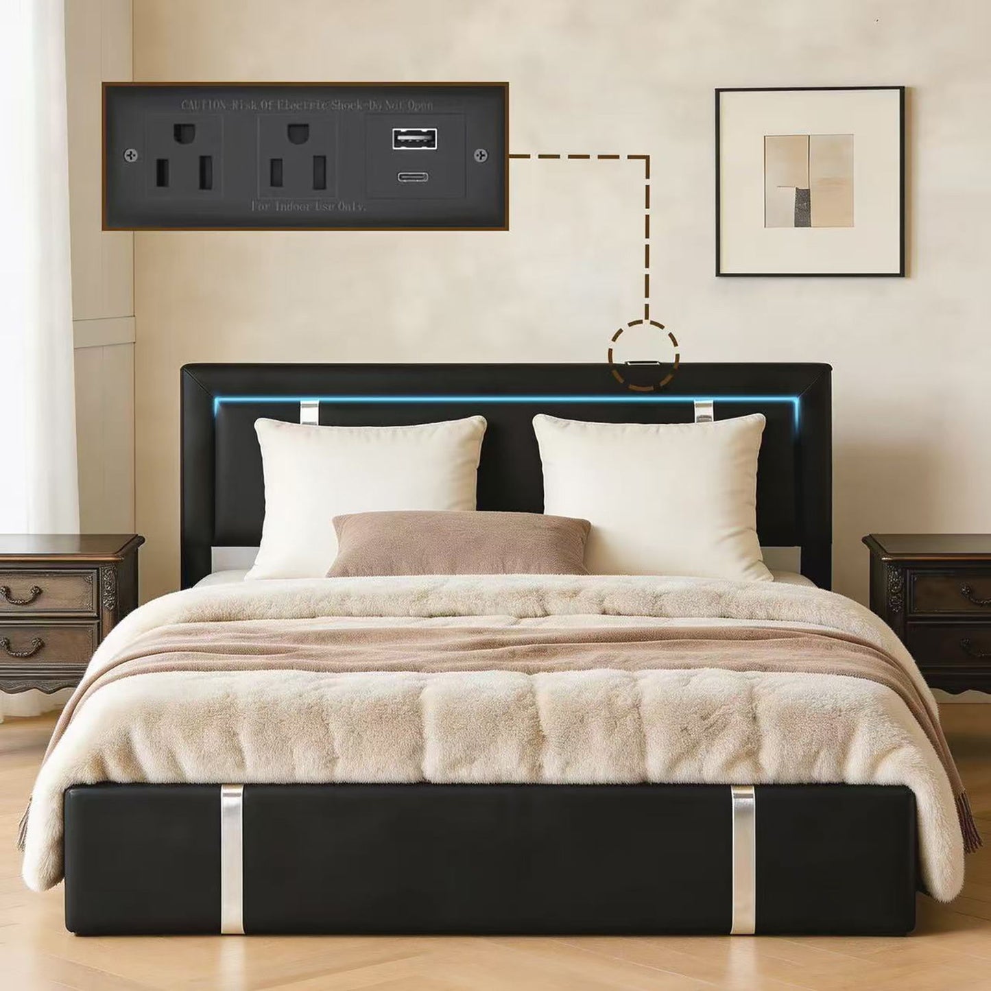 Upholstered Bed with Led Headboard and Storage