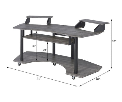 Eleazar wood music recording studio desk with dual raised shelves on black metal frame on Tampa Home & Garden Store
