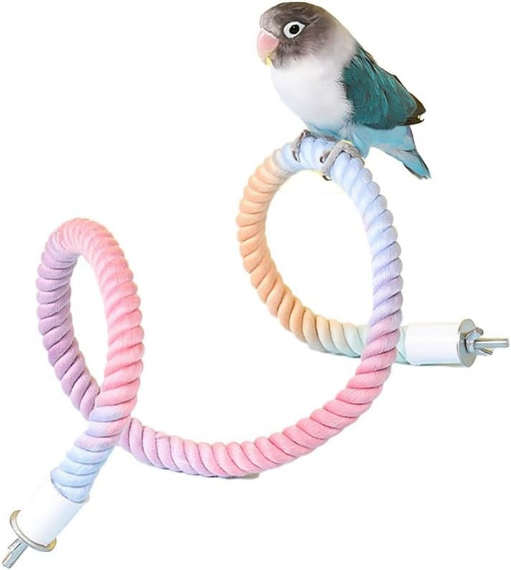Gradient pastel bird rope perch for cages with parakeet perched, bendable climbing toy on Tampa Home & Garden Store