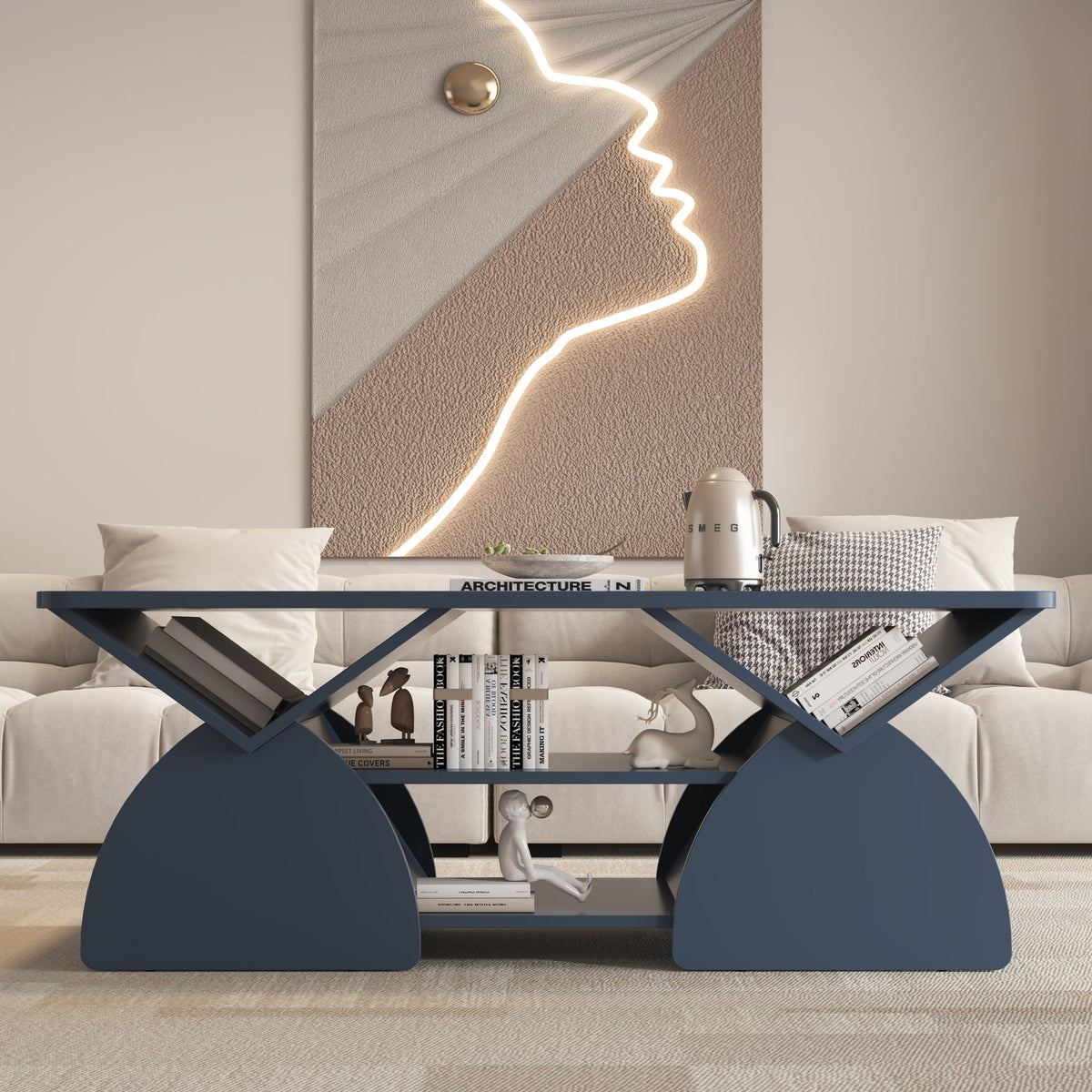 Geometric Engineered Coffee Table with Open Shelves in blue metal base, modern design on Tampa Home & Garden Store