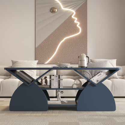 Geometric Engineered Coffee Table with Open Shelves in blue metal base, modern design on Tampa Home & Garden Store