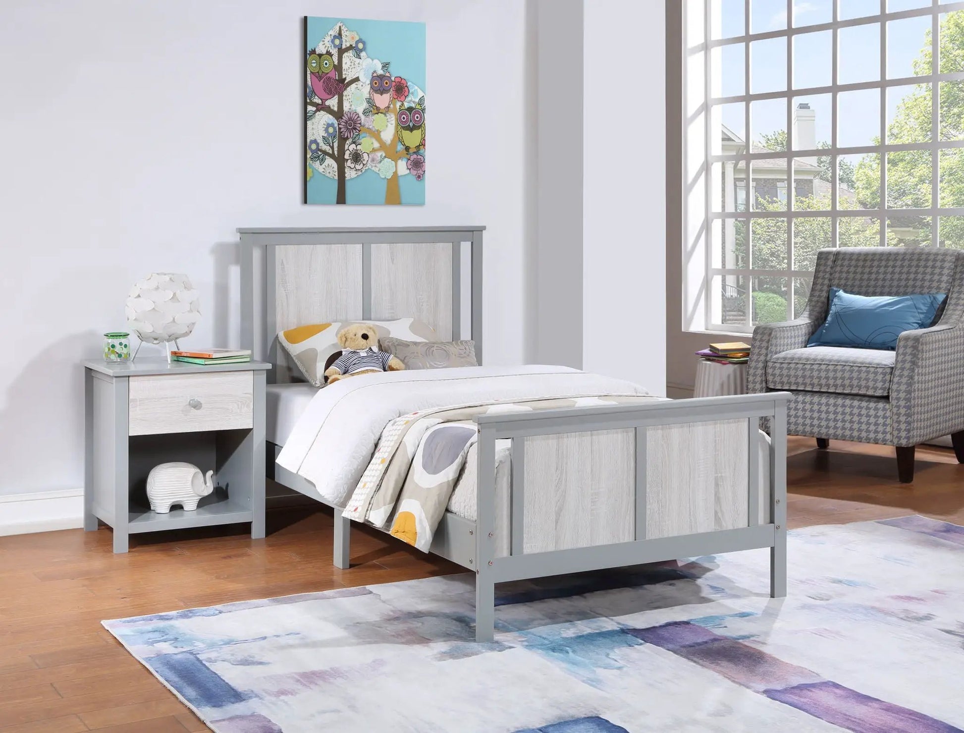 Connelly Bed gray panel bed by Unique Piece Furniture with nightstand in a bright kids room on Tampa Home & Garden Store