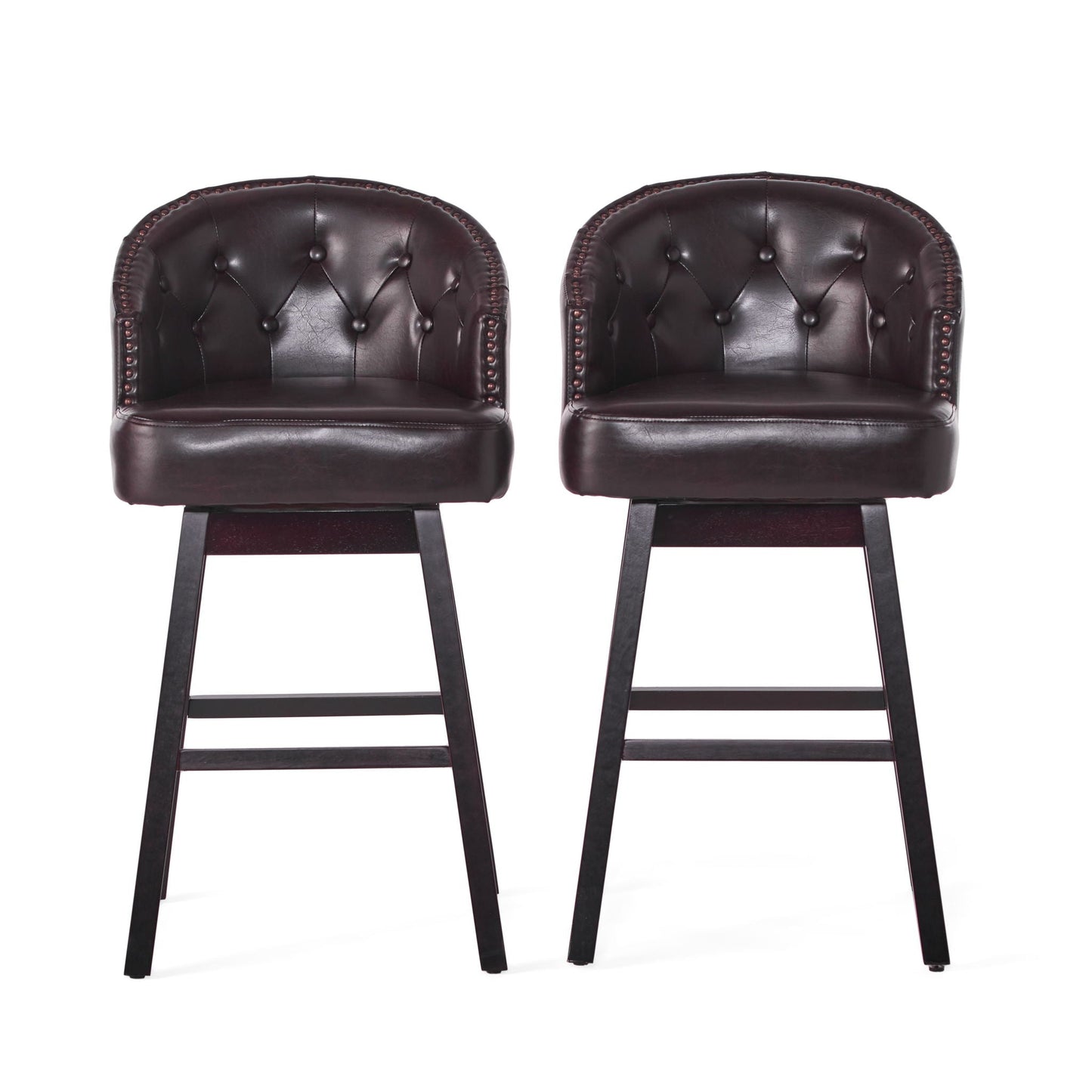 360 Degree Swivel Bar Stool Set of 2 with nailhead trim and tufted burgundy leather on Tampa Home & Garden Store