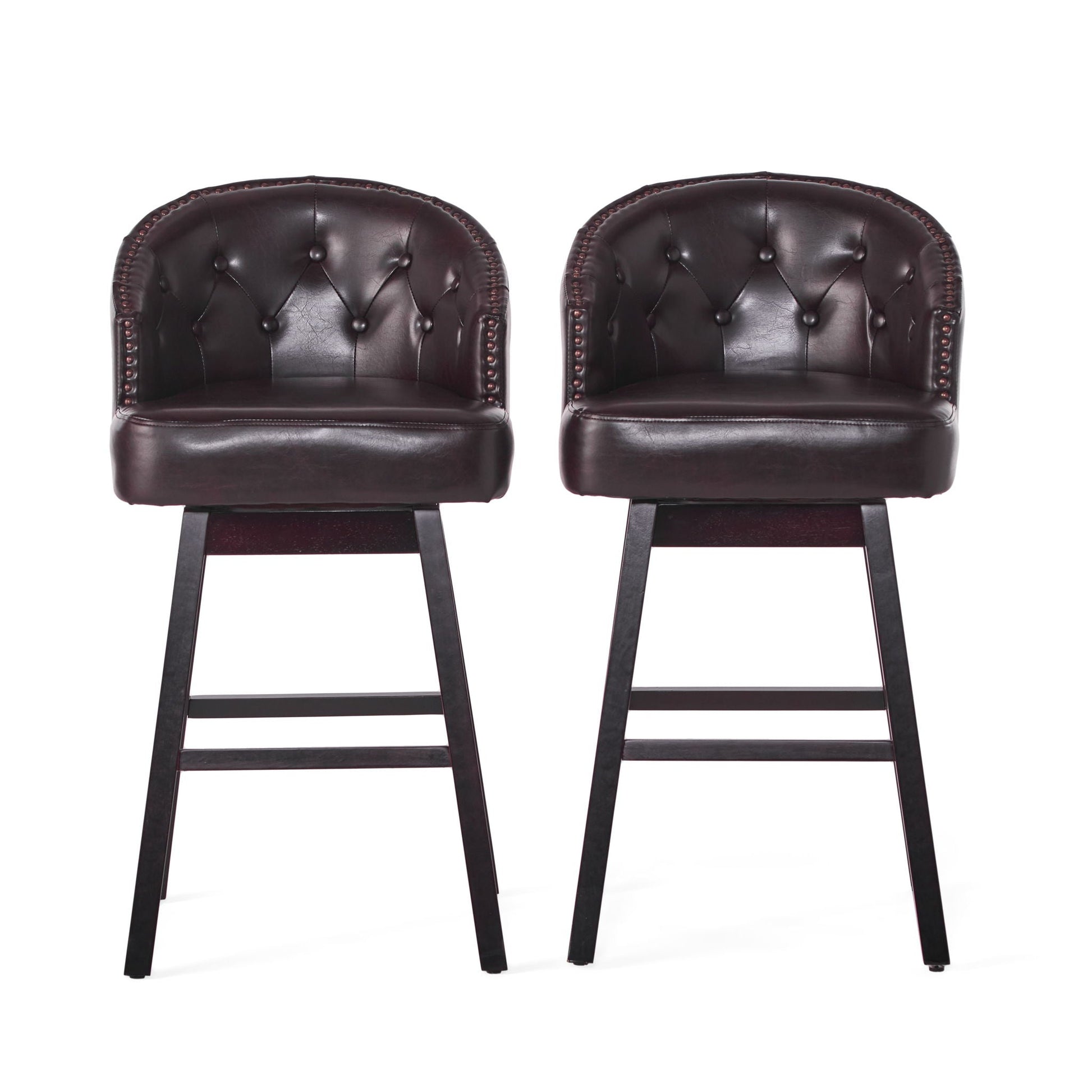 360 Degree Swivel Bar Stool Set of 2 with nailhead trim and tufted burgundy leather on Tampa Home & Garden Store