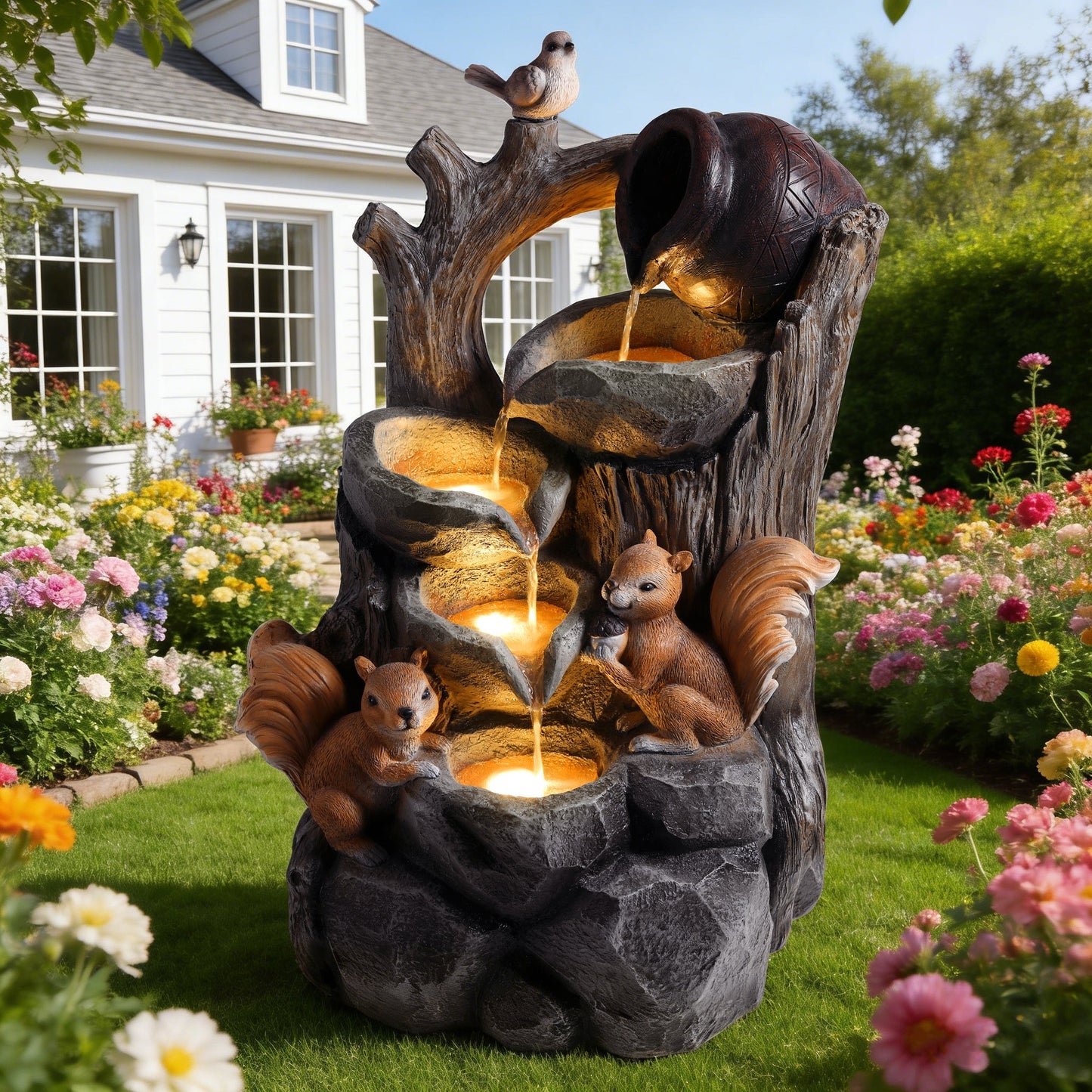 Squirrel Outdoor Water Fountain with Lights, brown stone-textured sculpture with several squirrels on Tampa Home & Garden Store