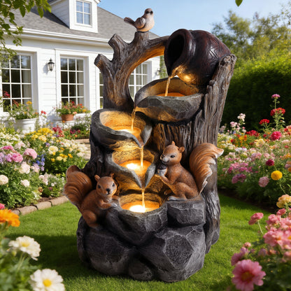Squirrel Outdoor Water Fountain with Lights, brown stone-textured sculpture with several squirrels on Tampa Home & Garden Store