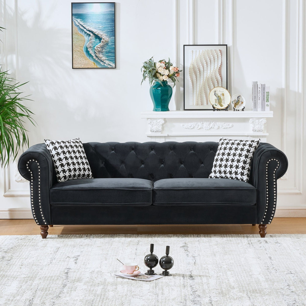 Chesterfield upholstery fabric sofa with roll arms and nailhead trim, black mid-century modern style on Tampa Home & Garden Store