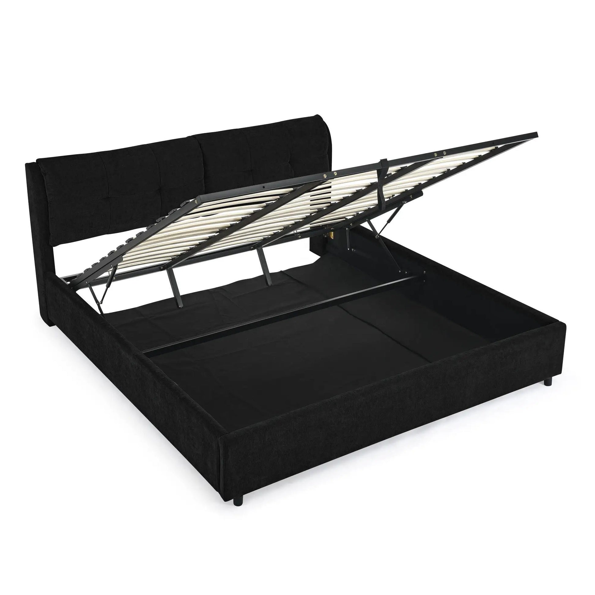 Storage upholstered hydraulic platform bed with integrated headboard in black fabric on Tampa Home & Garden Store