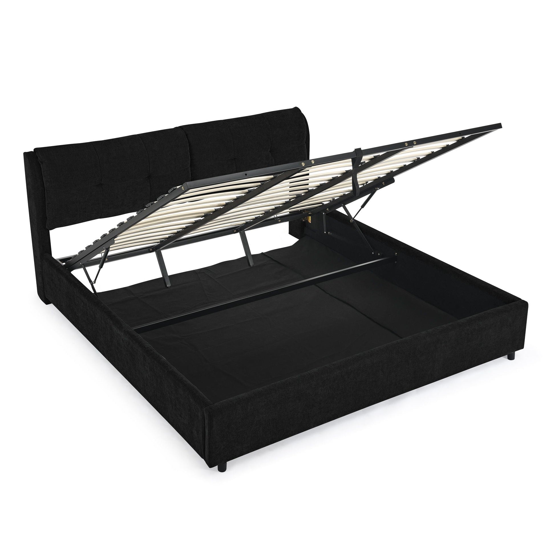 Storage upholstered hydraulic platform bed with integrated headboard in black fabric on Tampa Home & Garden Store