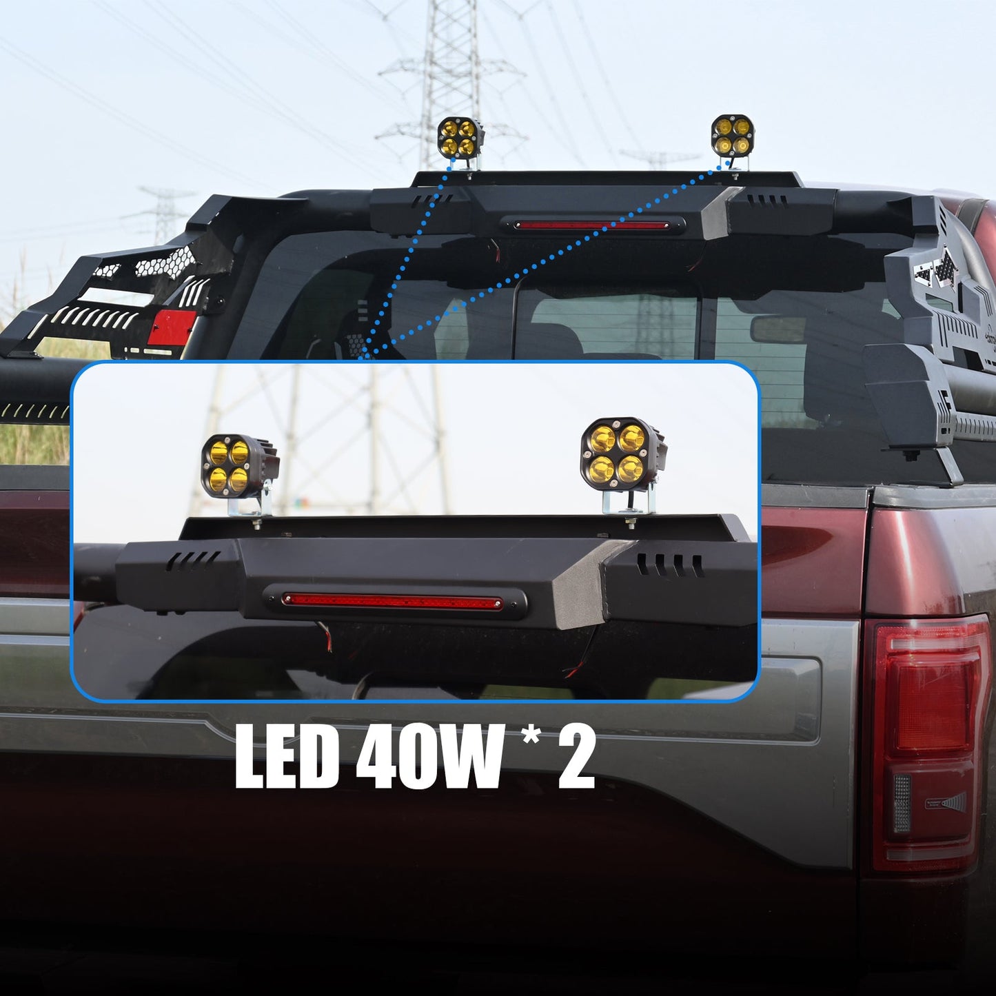 Universal Truck Bed Roll Bar by HouseOfZazla, black steel chase rack bar with LED lights on Tampa Home & Garden Store
