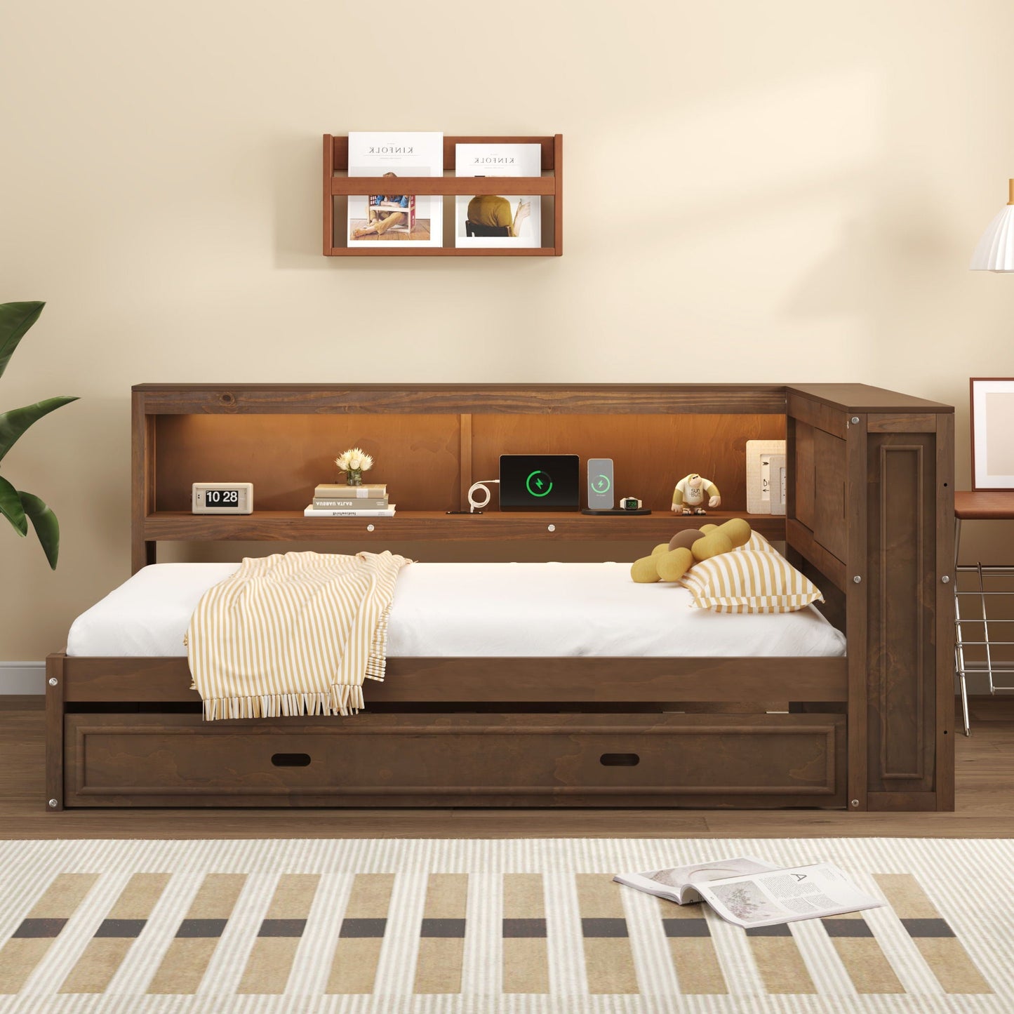 HouseOfZazla daybed with built-in storage drawers and wall shelf above in dark wood finish on Tampa Home & Garden Store
