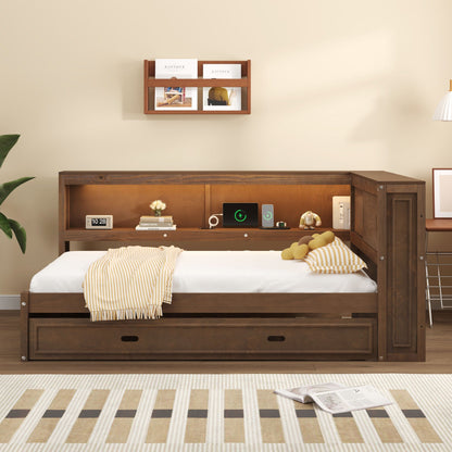 HouseOfZazla daybed with built-in storage drawers and wall shelf above in dark wood finish on Tampa Home & Garden Store