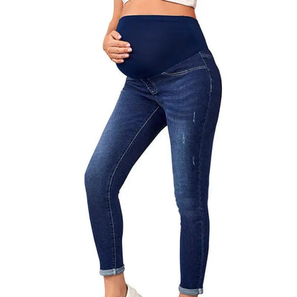 Maternity jeans high waist belly support dark blue stretch denim with rolled cuffs on Tampa Home & Garden Store