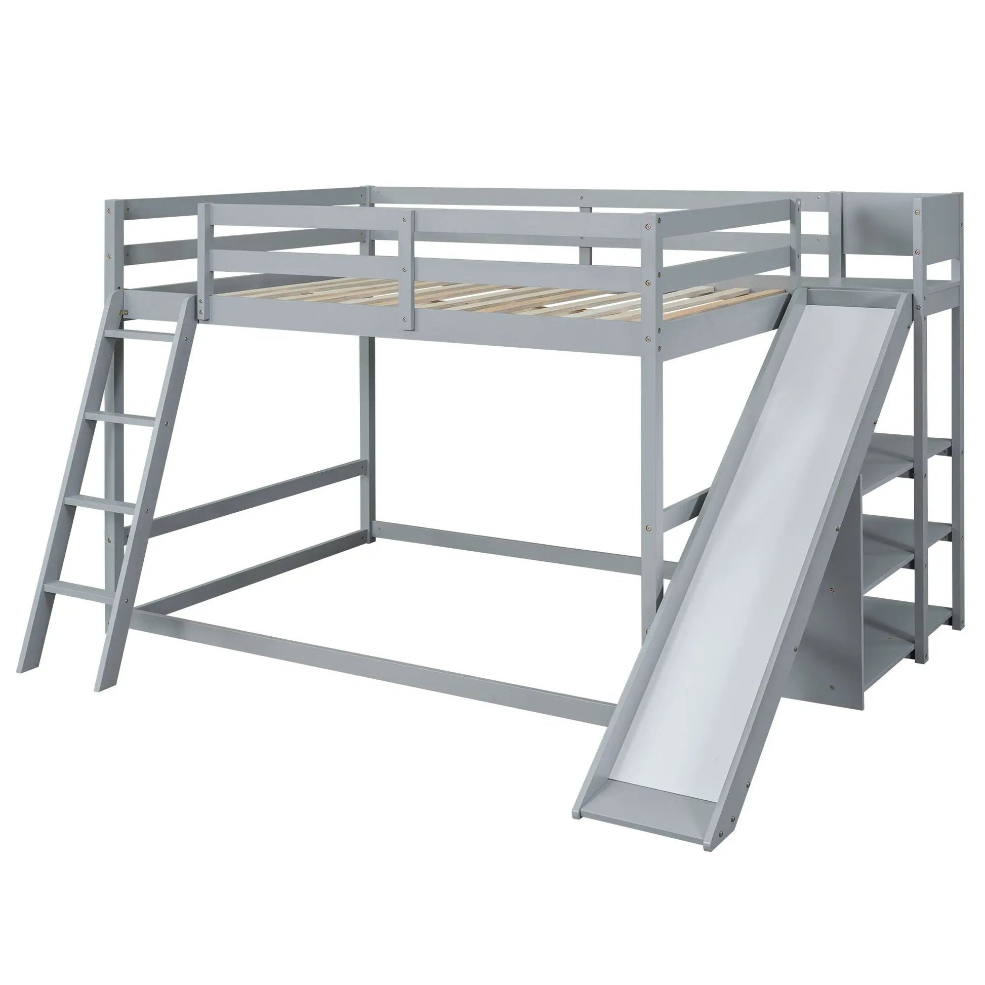 Bunk bed with ladder, slide, and shelves in gray pine wood frame on Tampa Home & Garden Store