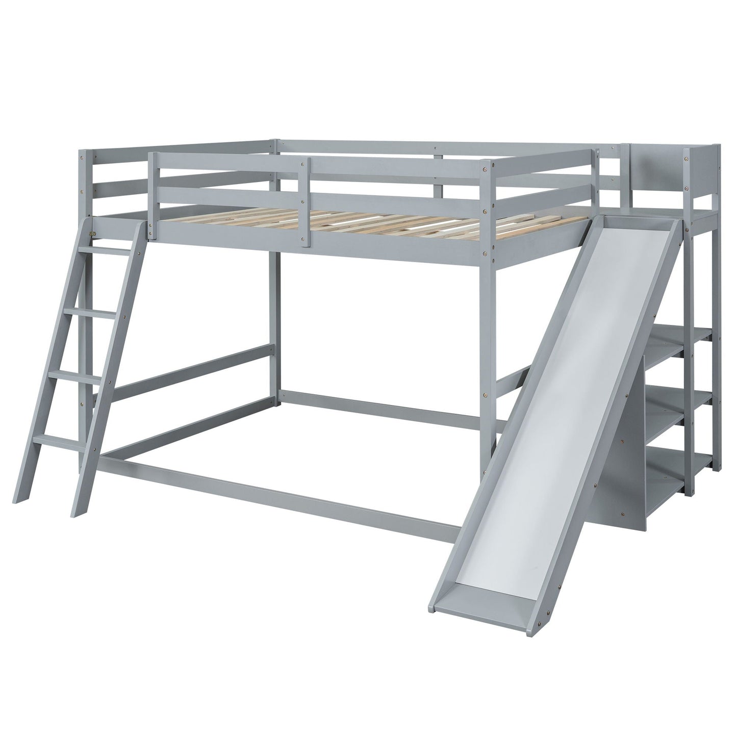 Bunk bed with ladder, slide, and shelves in gray pine wood HouseOfZazla on Tampa Home & Garden Store