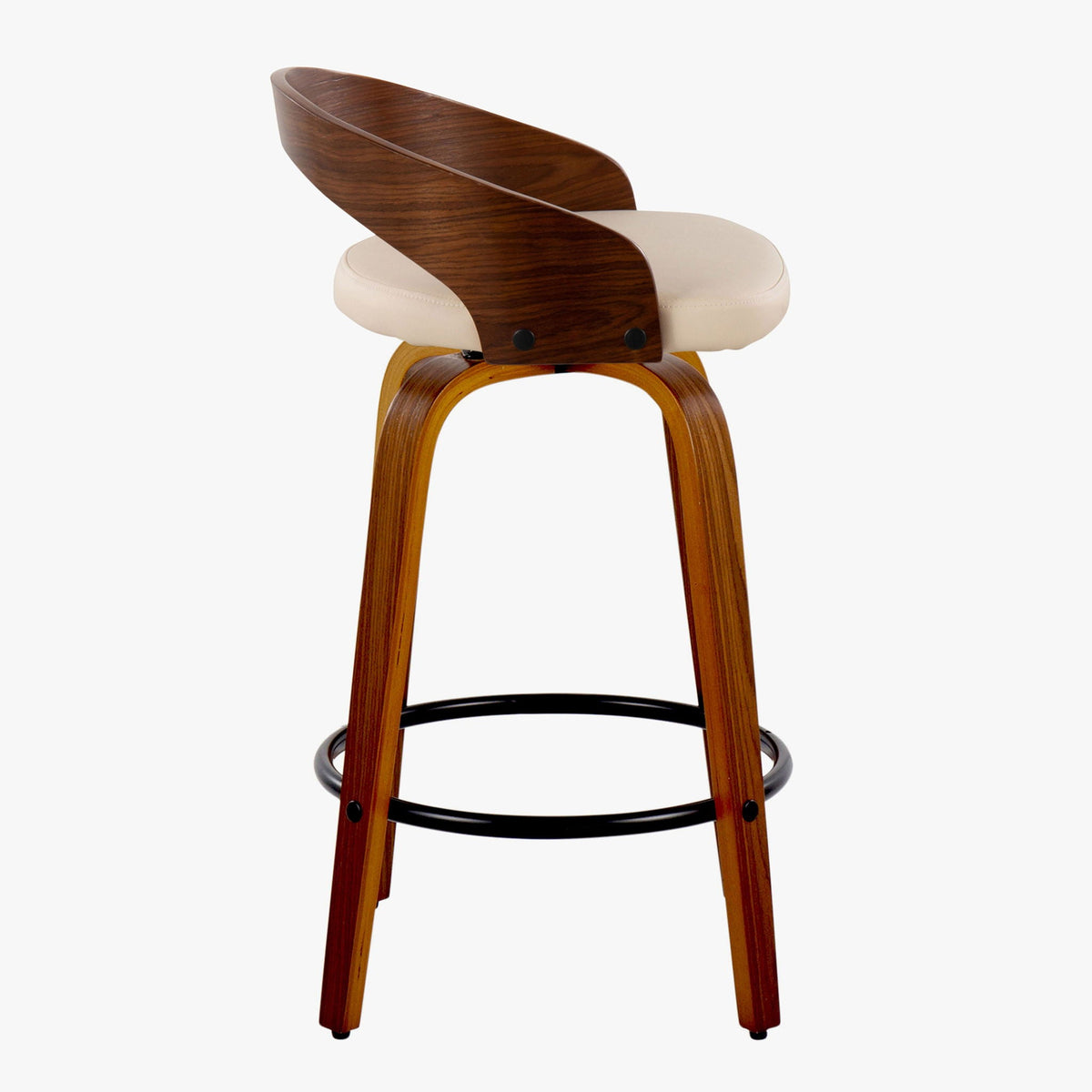 Mid Century Modern counter stool with curved dark wood back and beige cushioned seat, swivel on Tampa Home & Garden Store