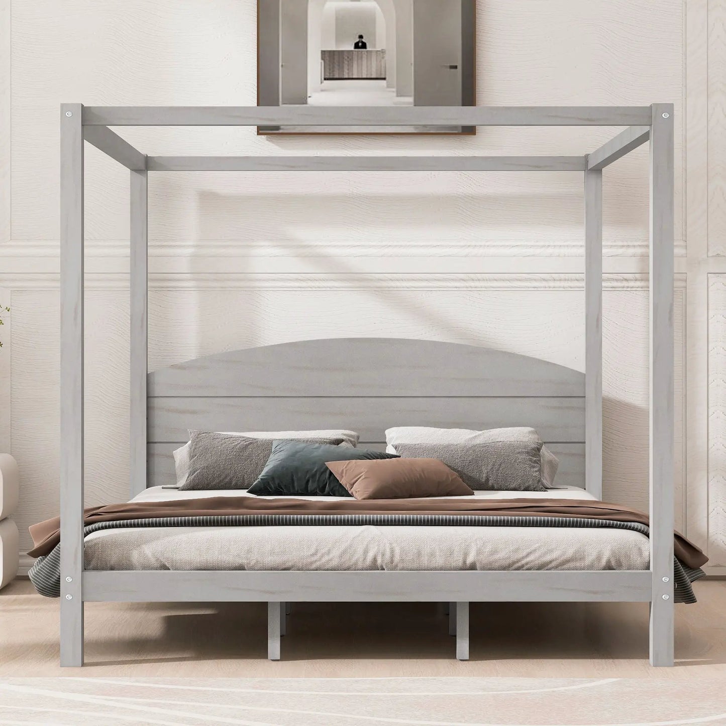 Anopy Platform Bed with Headboard and Support Legs, gray metal canopy frame on Tampa Home & Garden Store