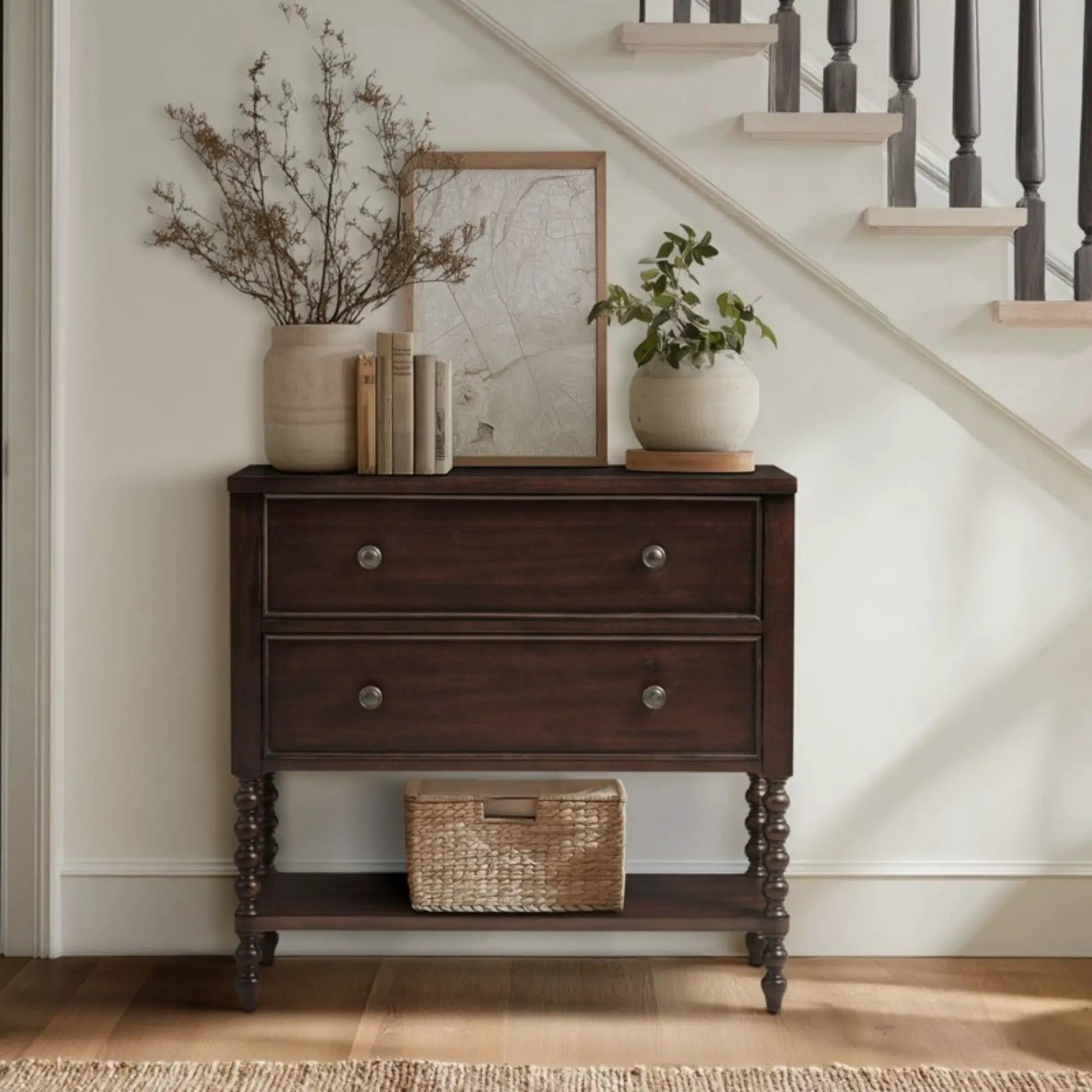 Signature Beckett 2-Drawer Accent Chest in dark wood with metal knobs on a console on Tampa Home & Garden Store