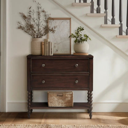 Signature Beckett 2-Drawer Accent Chest in dark wood with metal knobs on a console on Tampa Home & Garden Store