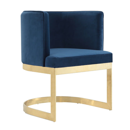 Aura Dining Chair with Brass Frame in blue velvet, gold pedestal base arm chair on Tampa Home & Garden Store