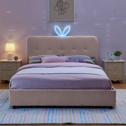 Full size kids upholstered bed with beige rabbit-ear headboard and blue neon ears light on Tampa Home & Garden Store