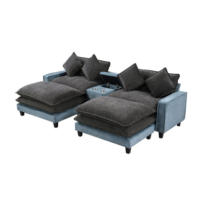 HouseOfZazla 3pc sectional sofa with removable ottomans, USB ports, cup holders gray/blue on Tampa Home & Garden Store