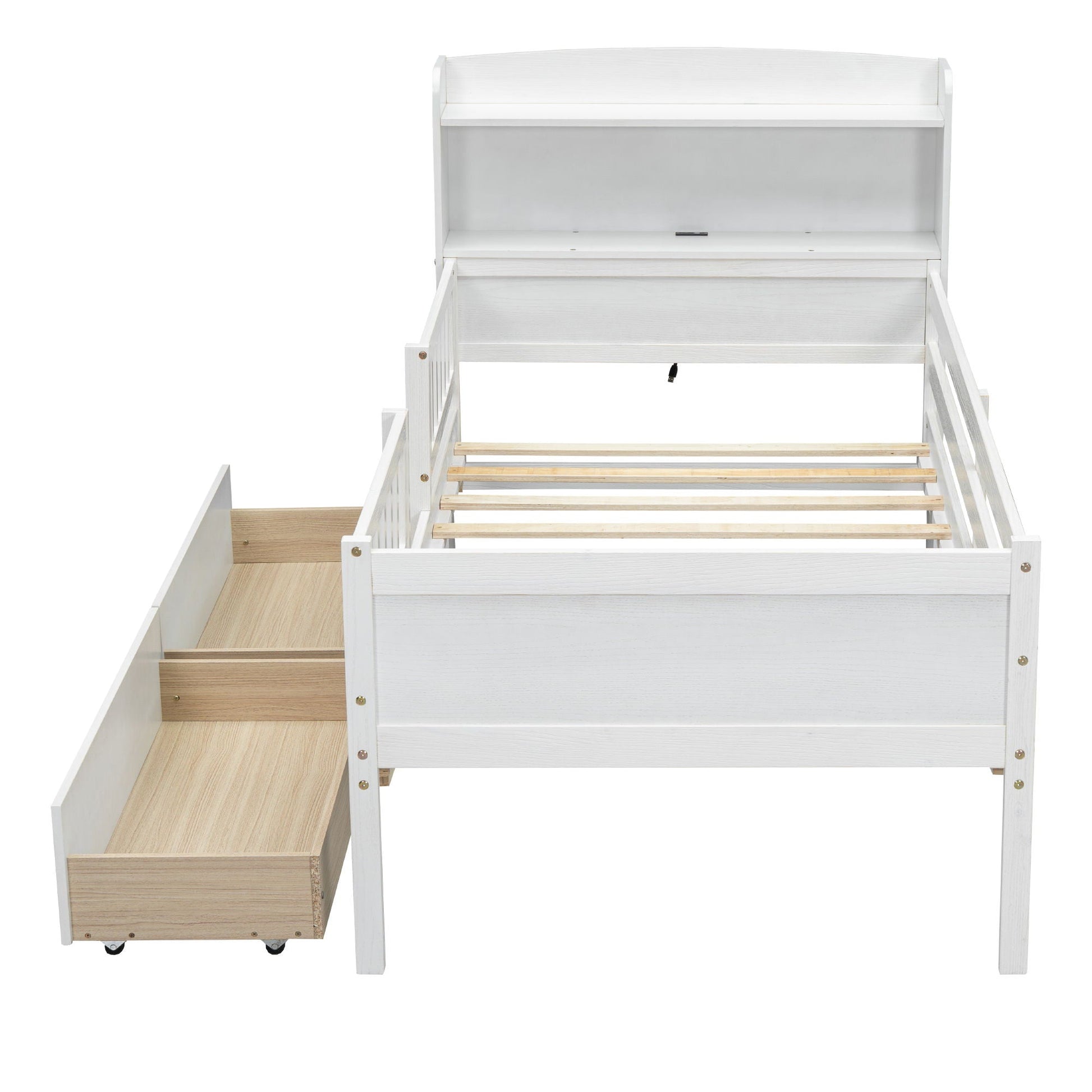 White platform bed frame with guardrail, LED headboard, and 2 built-in drawers on Tampa Home & Garden Store