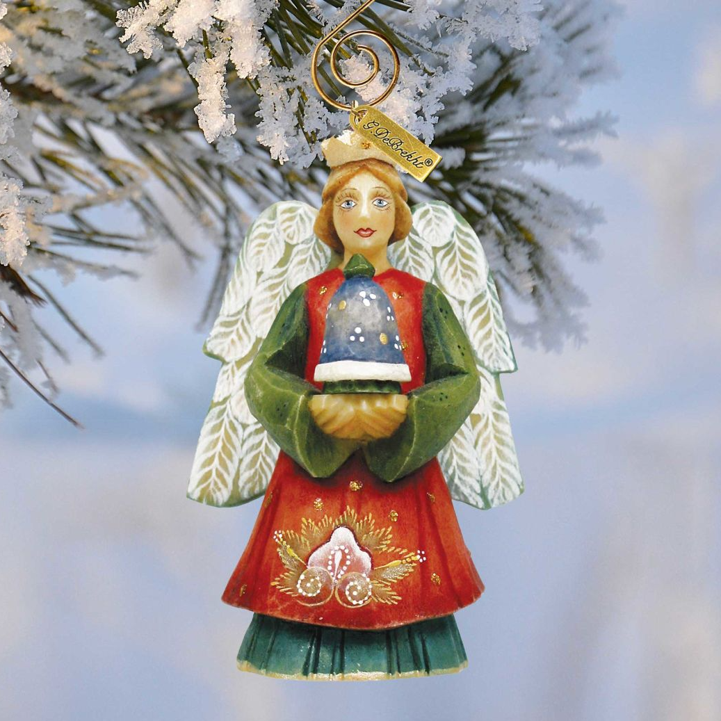 Angel with Bell Sculpted Hand-Painted Christmas Figurine by G. DeBrekht, red dress wings on Tampa Home & Garden Store