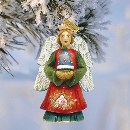Angel with Bell Sculpted Hand-Painted Christmas Figurine by G. DeBrekht, red dress wings on Tampa Home & Garden Store