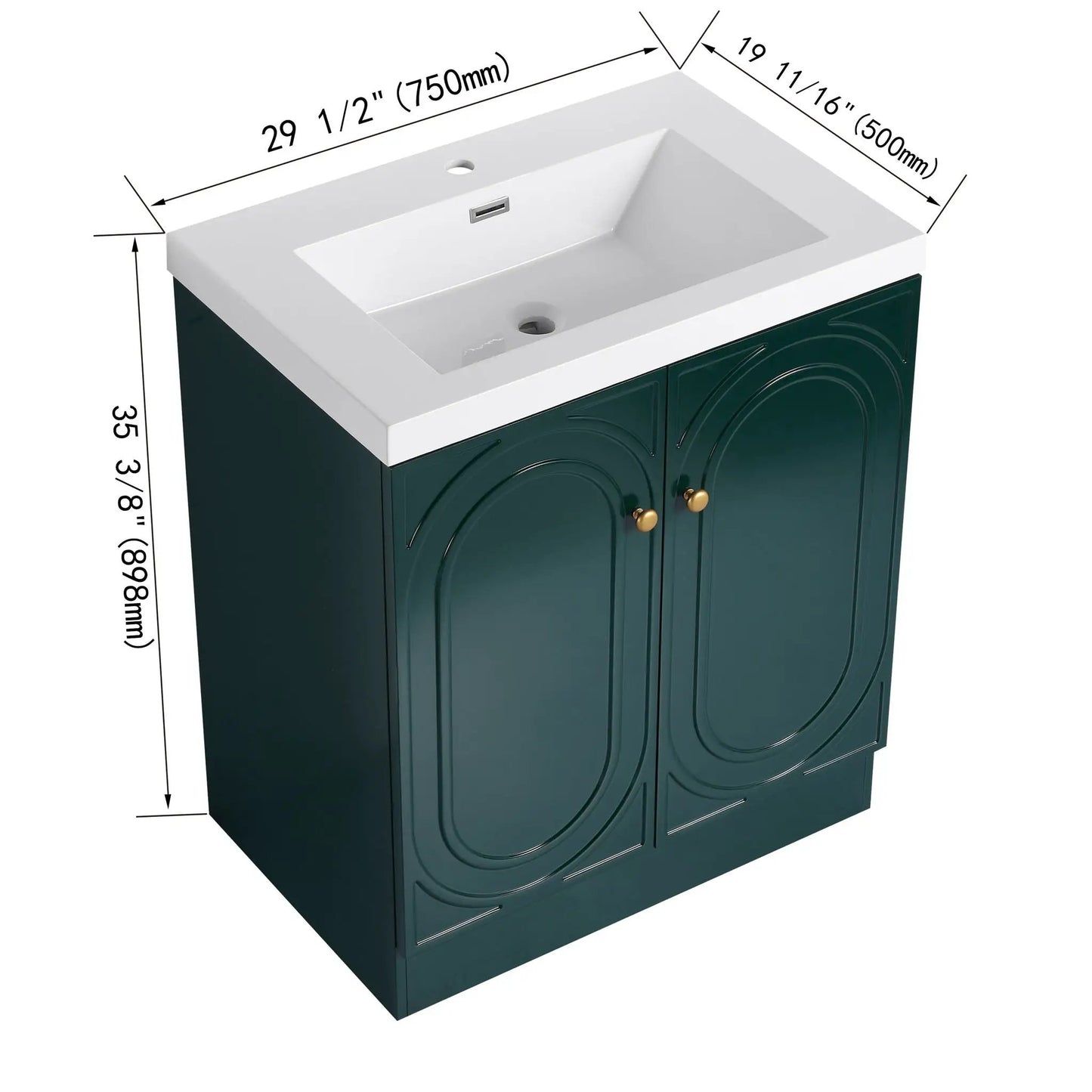 Contemporary freestanding vanity with resin sink, dark green cabinet with soft-close doors on Tampa Home & Garden Store