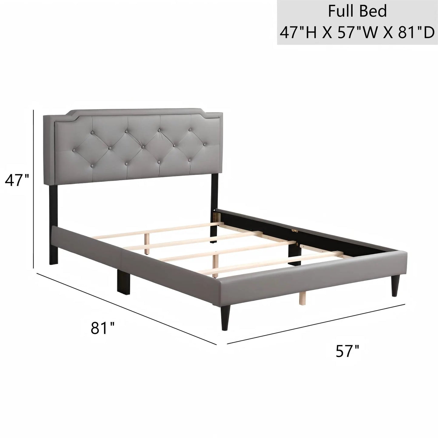 Button tufted upholstered full bed with gray fabric headboard and black legs on Tampa Home & Garden Store
