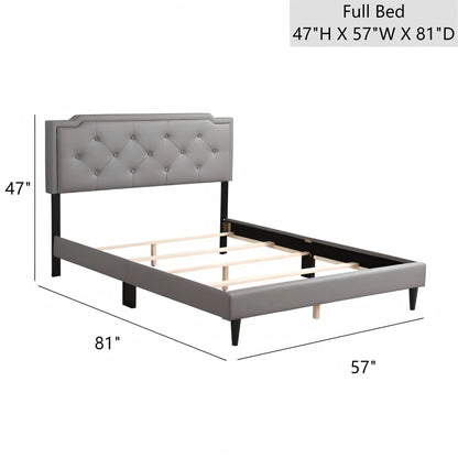 Button tufted upholstered full bed with gray fabric headboard and black legs on Tampa Home & Garden Store