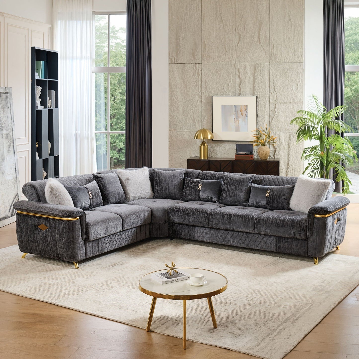 Argo - Reversible Sectional sofa in dark velvet with tufted cushions and gold metal legs on Tampa Home & Garden Store